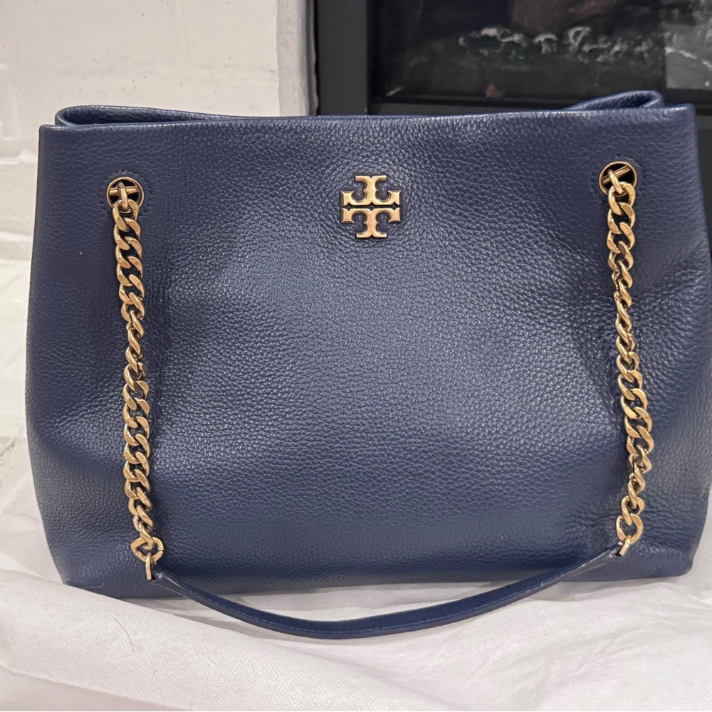 Tory Burch Navy Pebbled Leather Chain-Handle Shoulder Bag with Gold Hardware
